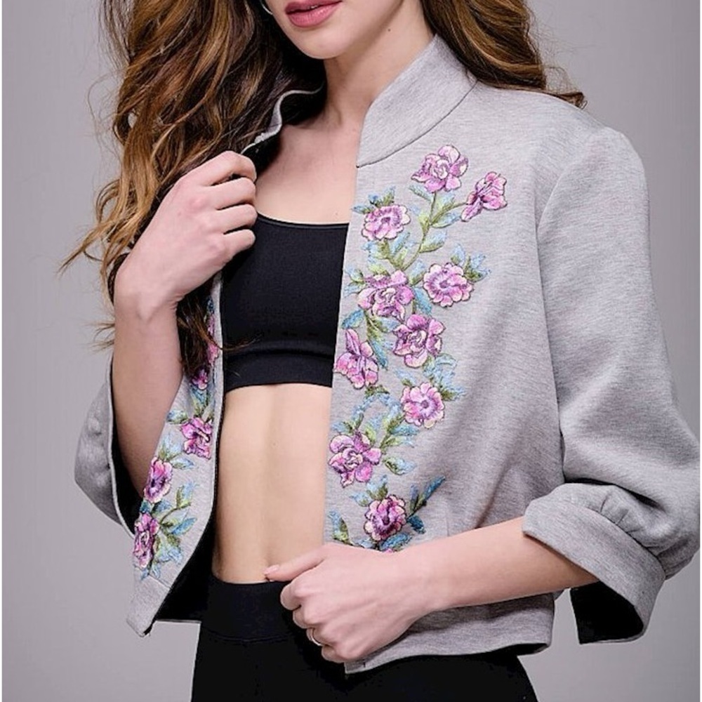 Jovani Embroidered floral evening jacket heather gray Maslavi